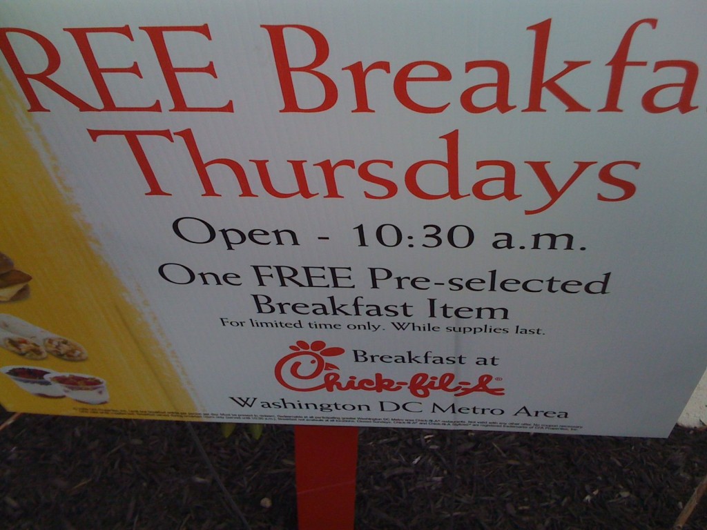ChickfilA Free Breakfast Thursdays in Washington DC Metro Area