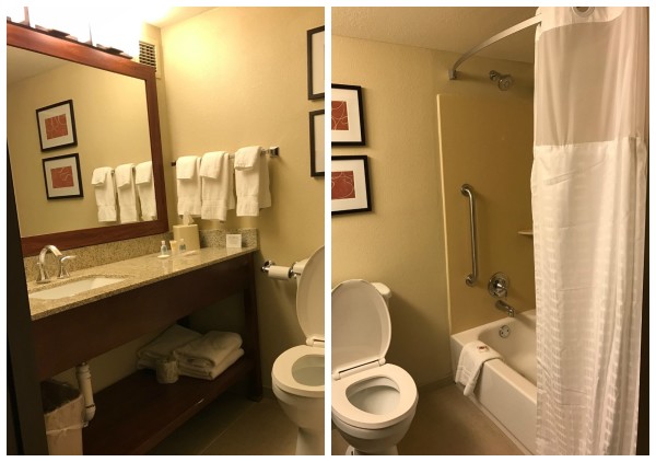 The Comfort Suites Bathroom is modern and clean. They set a high standard for budget friendly hotels!