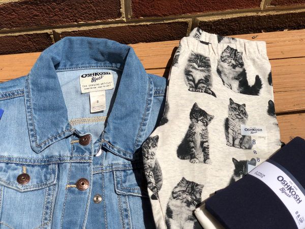 Cute Jean Jacket and Kitty Cat Print Pants and Tights from Osh Kosh B'Gosh at Potomac Mills in Woodbridge VA. Great Fall Fashion for the new school year!